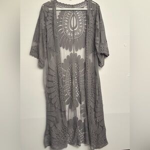 Gray Lace Duster with Intricate Crochet Pattern